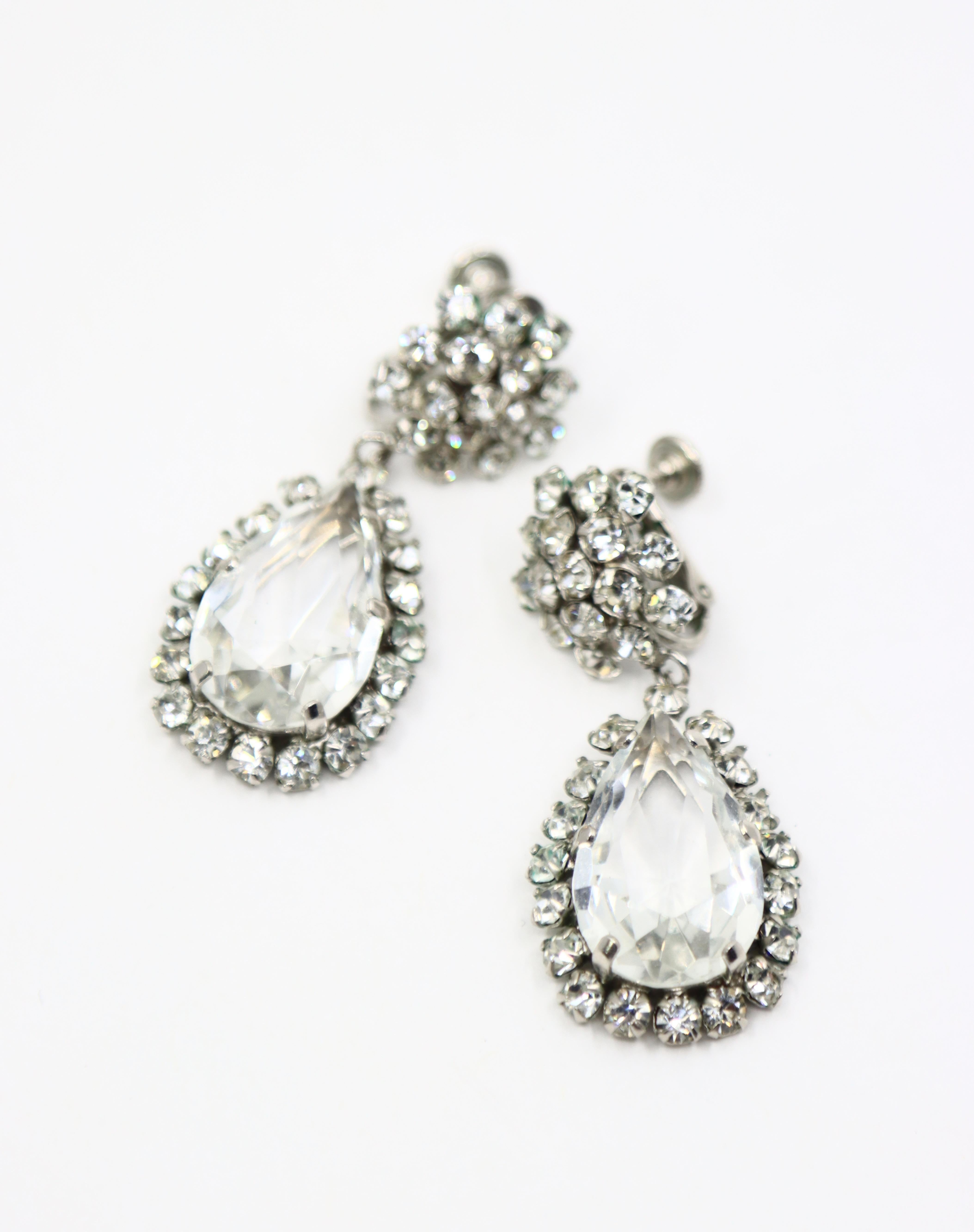 Vintage Silber Ton Strass Kristall Ohrringe Damen im Angebot