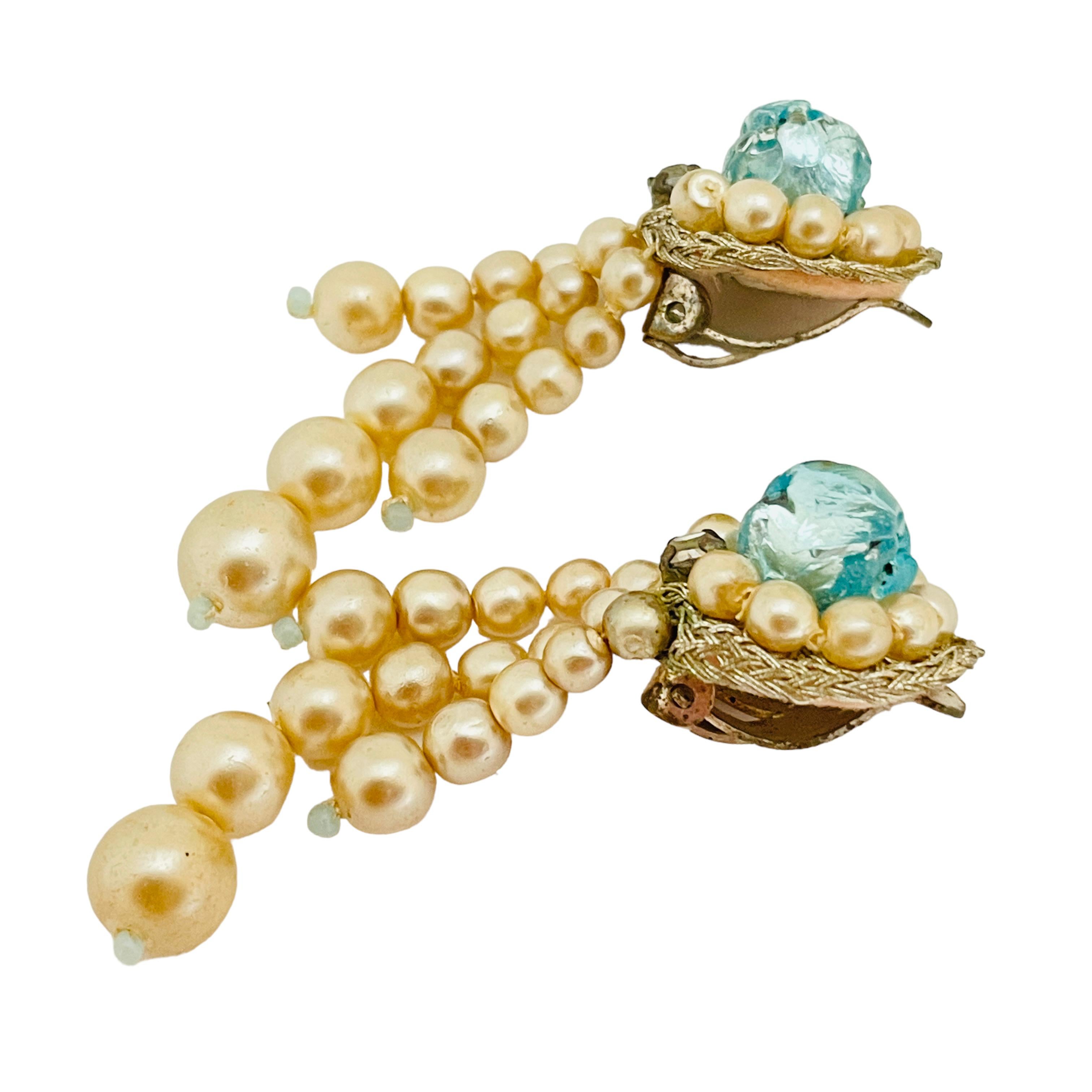 Vintage Silber Ton Strass baumeln Perlen Designer Clip auf Ohrringe für Damen oder Herren im Angebot