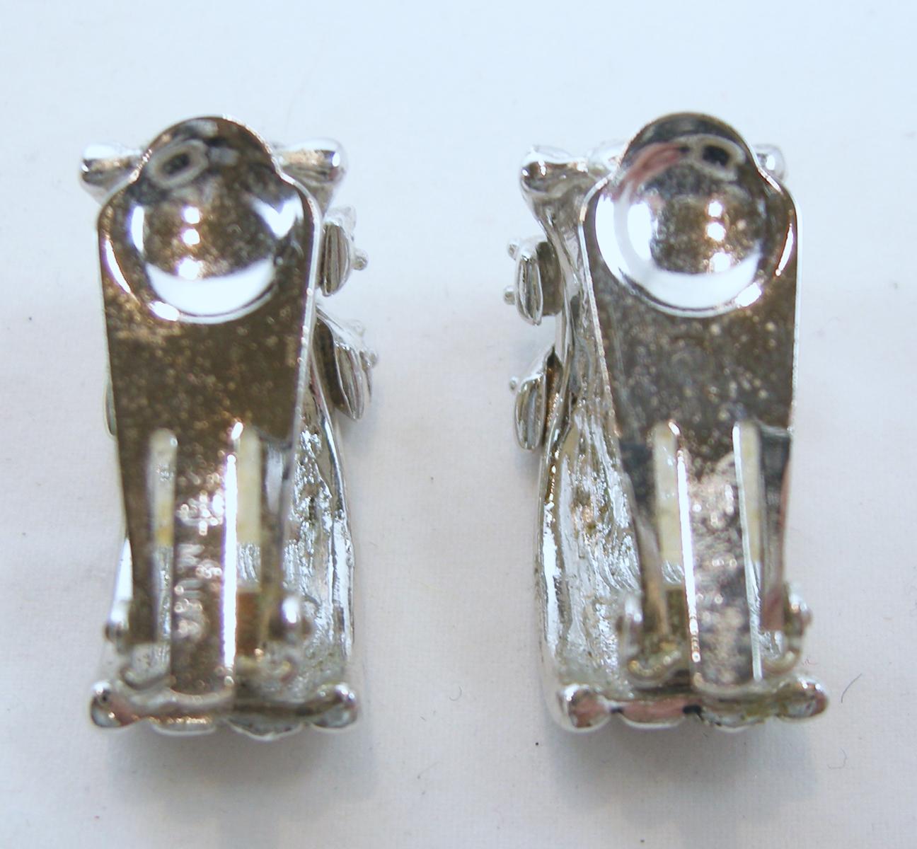 Vintage Silver Tone Rhinestone Half Hoop Earrings For Sale 1