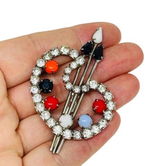 Vintage silver tone rhinestones artist palette brooch