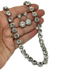 Vintage silver tone rhinestones designer necklace earrings set