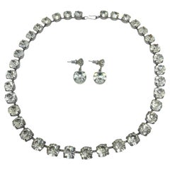 Vintage silver tone rhinestones designer necklace earrings set