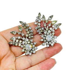 Vintage silver tone rhinestones ear climber designer clip on earrings