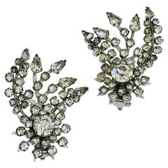 Vintage silver tone rhinestones ear climber designer clip on earrings