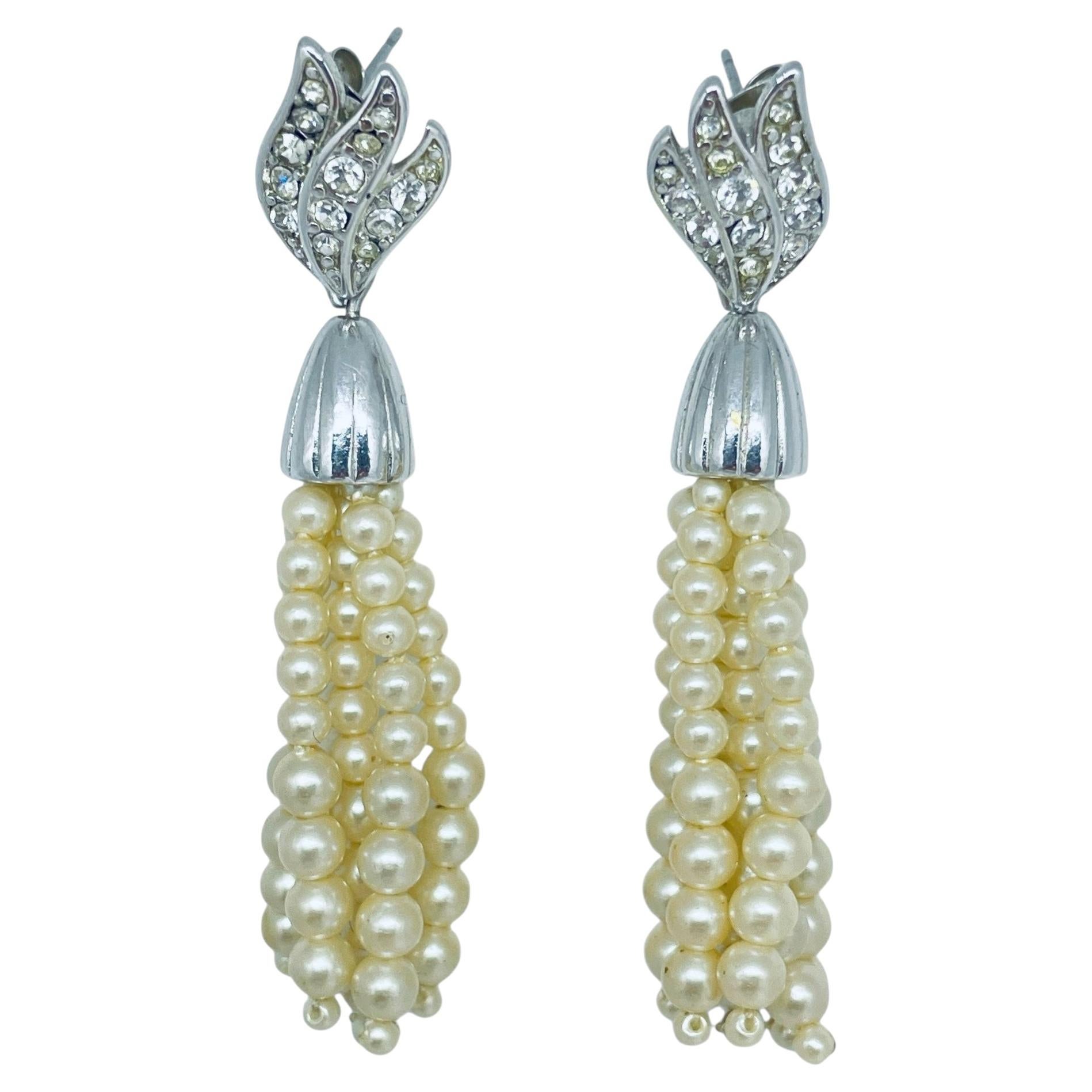 Orecchini vintage in argento con strass e perle finte di design con piercing