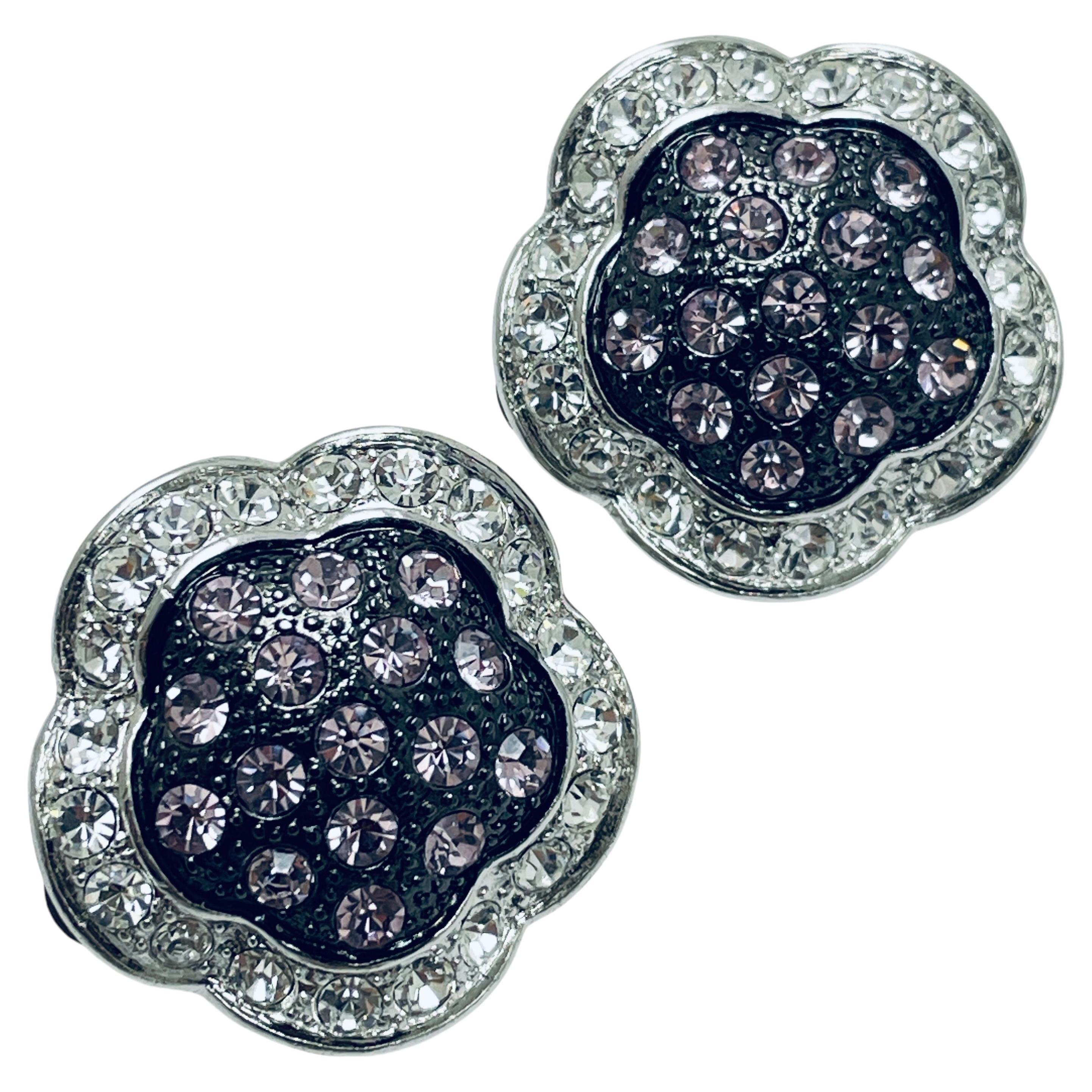 Orecchini a clip d'epoca in argento con strass e fiori di design