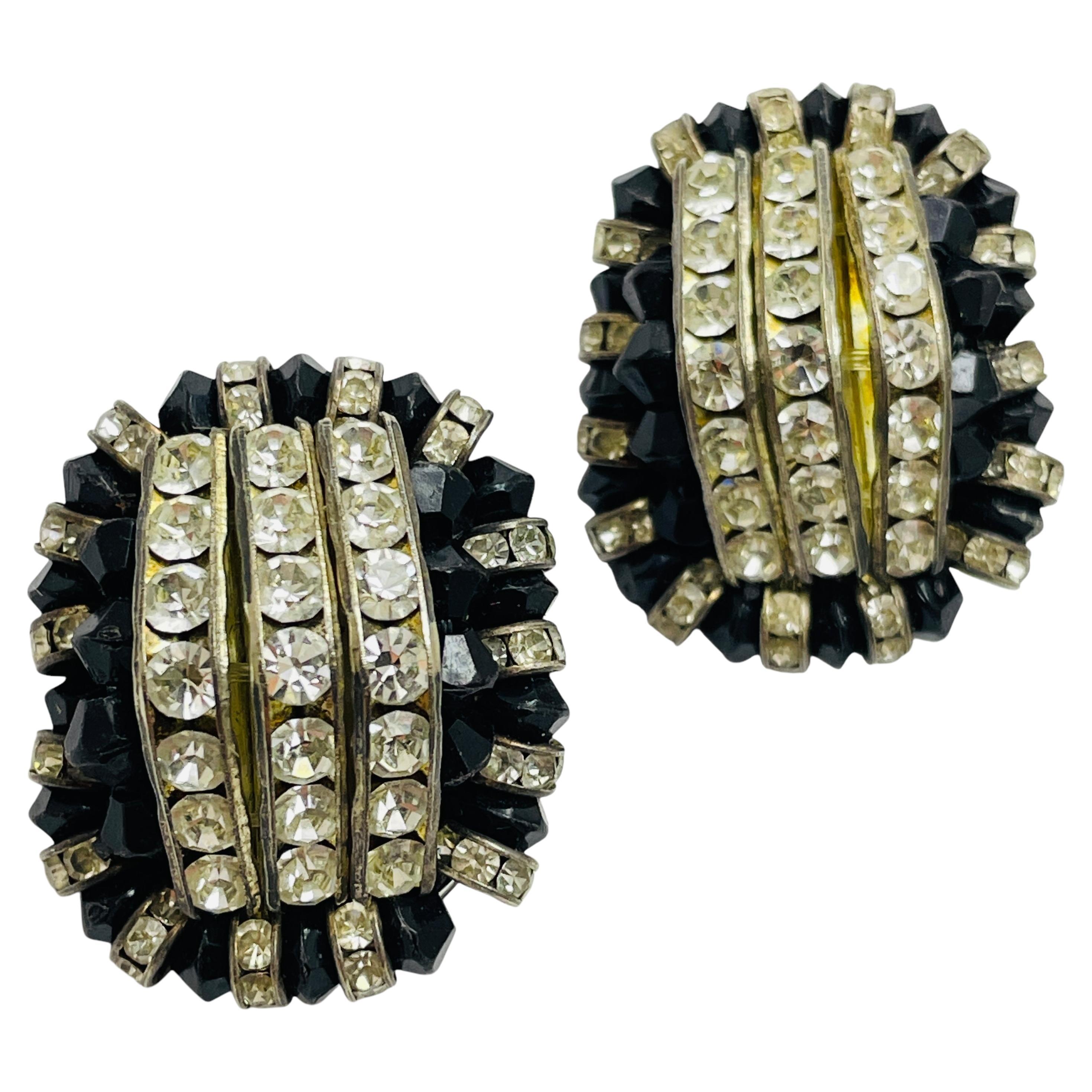 Vintage silver tone rhinestones glass beads designer runway clip on earrings For Sale
