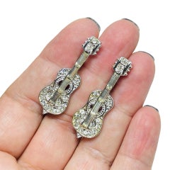Vintage silver tone rhinestones music set of 2 violin designer brooch