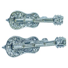 Vintage silver tone rhinestones music set of 2 violin designer brooch