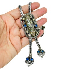Vintage silver tone rhinestones pearls bolo tie style chain designer necklace
