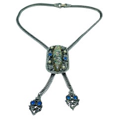 Vintage silver tone rhinestones pearls bolo tie style chain designer necklace