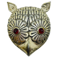 Vintage silver tone ruby glass stones eyes figural owl designer brooch