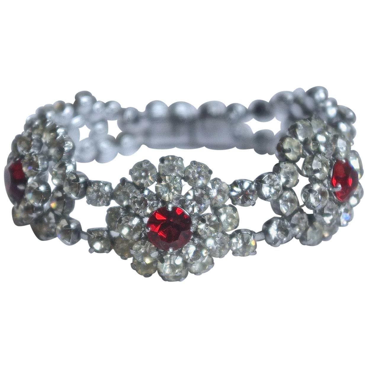 Vintage Silver Tone Ruby Red and Clear Rhinestone Bracelet, circa 1950s For Sale