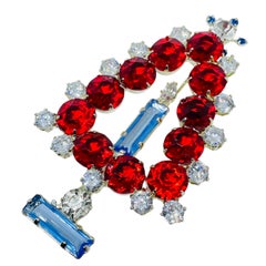 Vintage silver tone ruby red blue glass Christmas tree designer brooch