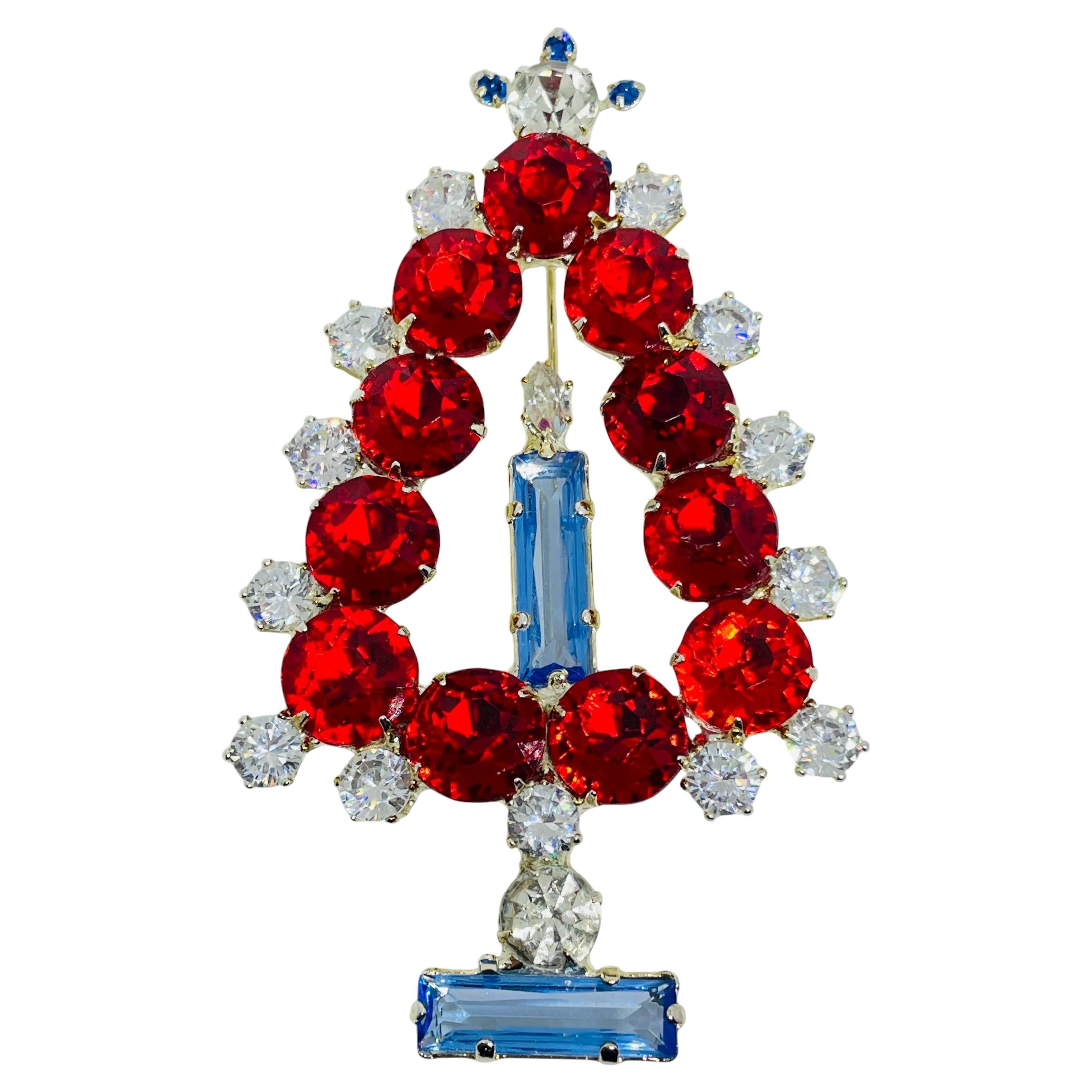 Vintage silver tone ruby red blue glass Christmas tree designer brooch
