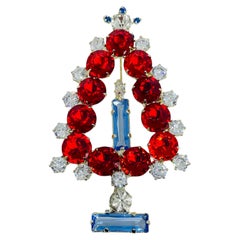 Vintage silver tone ruby red blue glass Christmas tree designer brooch Vintage silver tone ruby red blue glass Christmas tree designer brooch