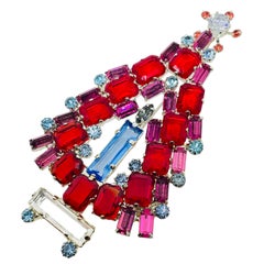 Vintage silver tone ruby red blue pink glass Christmas tree designer brooch