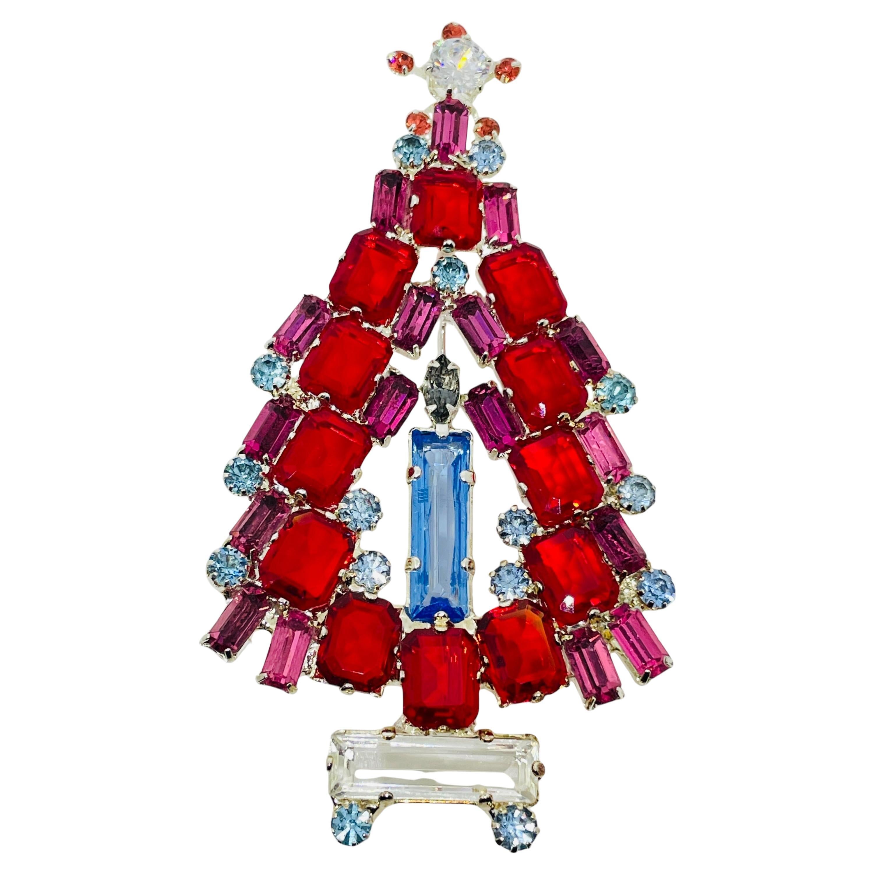 Vintage Silber Ton Rubin rot blau rosa Glas Weihnachtsbaum Designer Brosche