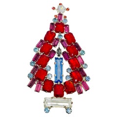 Vintage silver tone ruby red blue pink glass Christmas tree designer brooch Vintage silver tone ruby red blue pink glass Christmas tree designer brooch