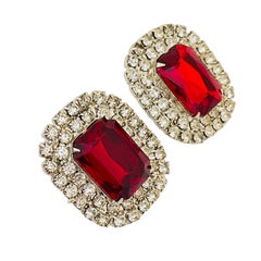 Vintage silver tone ruby red faceted glass stones pierced designer earrings