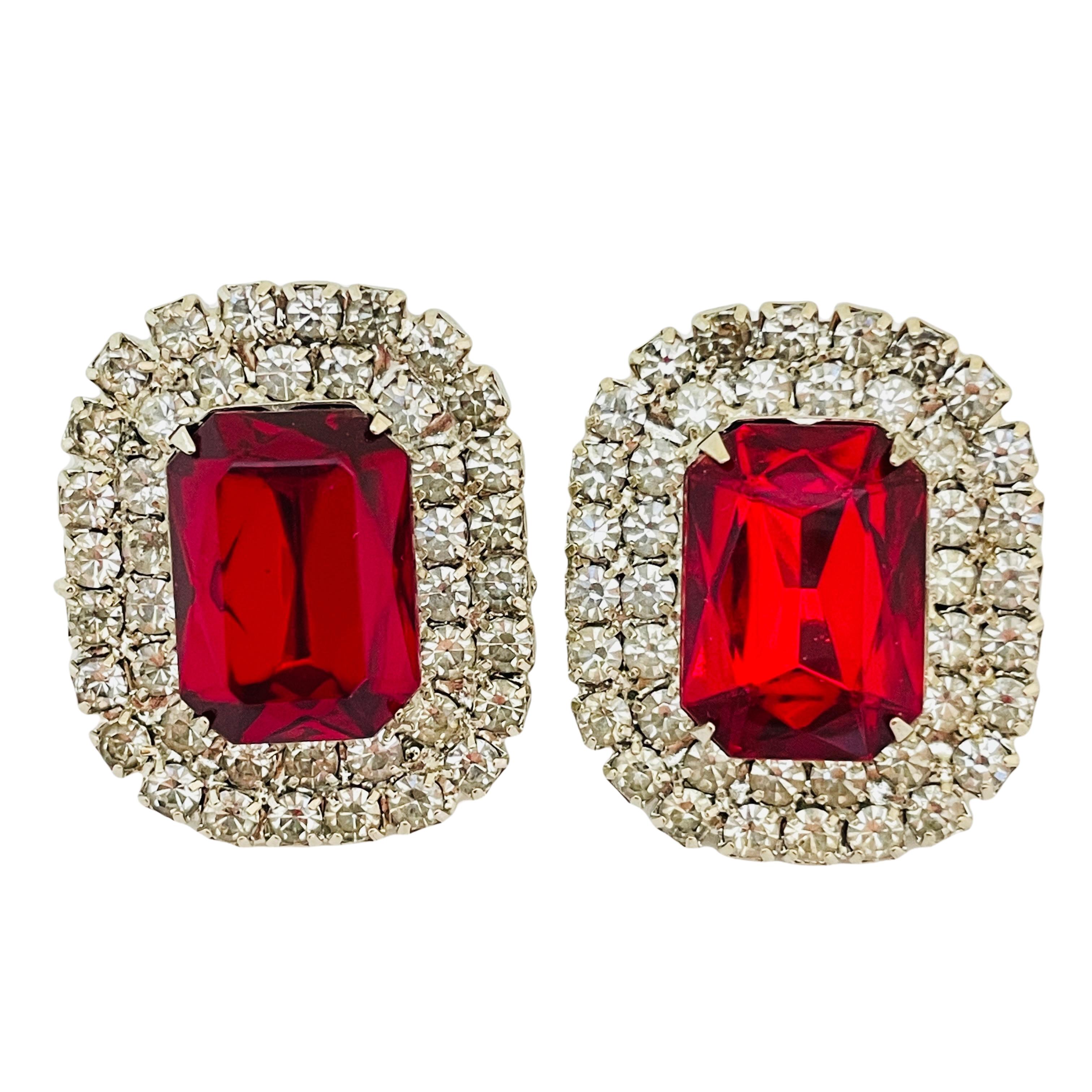 Vintage silver tone ruby red faceted glass stones pierced designer earrings In Good Condition For Sale In Palos Hills, IL