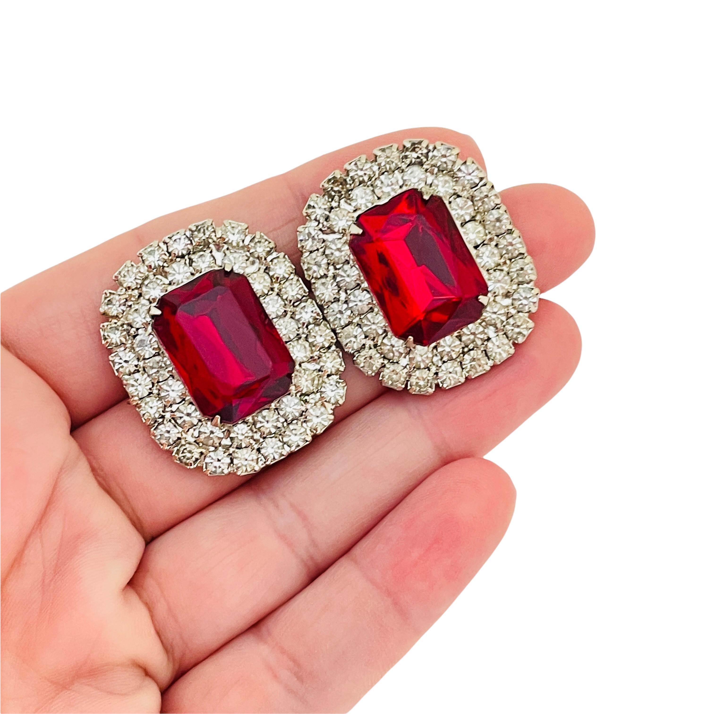 Vintage silver tone ruby red faceted glass stones pierced designer earrings For Sale 1