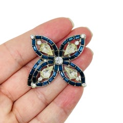 Vintage silver tone sapphire baguette rhinestones flower designer brooch