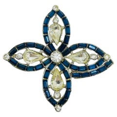 Vintage silver tone sapphire baguette rhinestones flower designer brooch