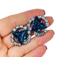 Vintage silver tone sapphire blue glass clip on earrings