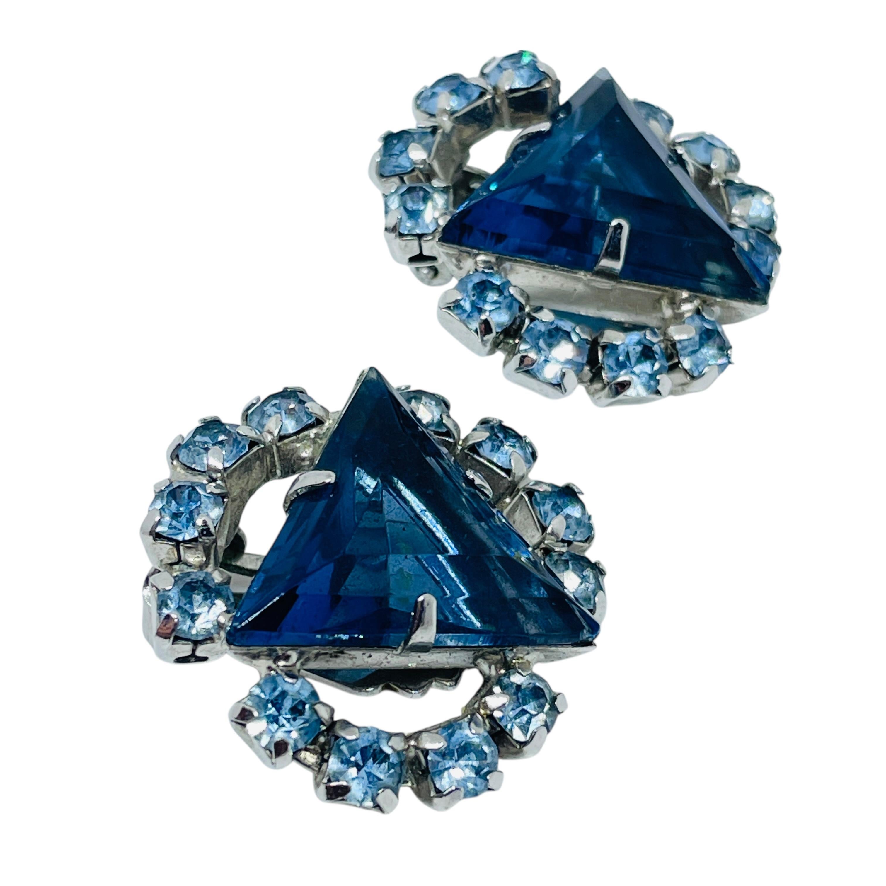 Pendientes vintage de clip de cristal azul zafiro en tono plateado en venta 1