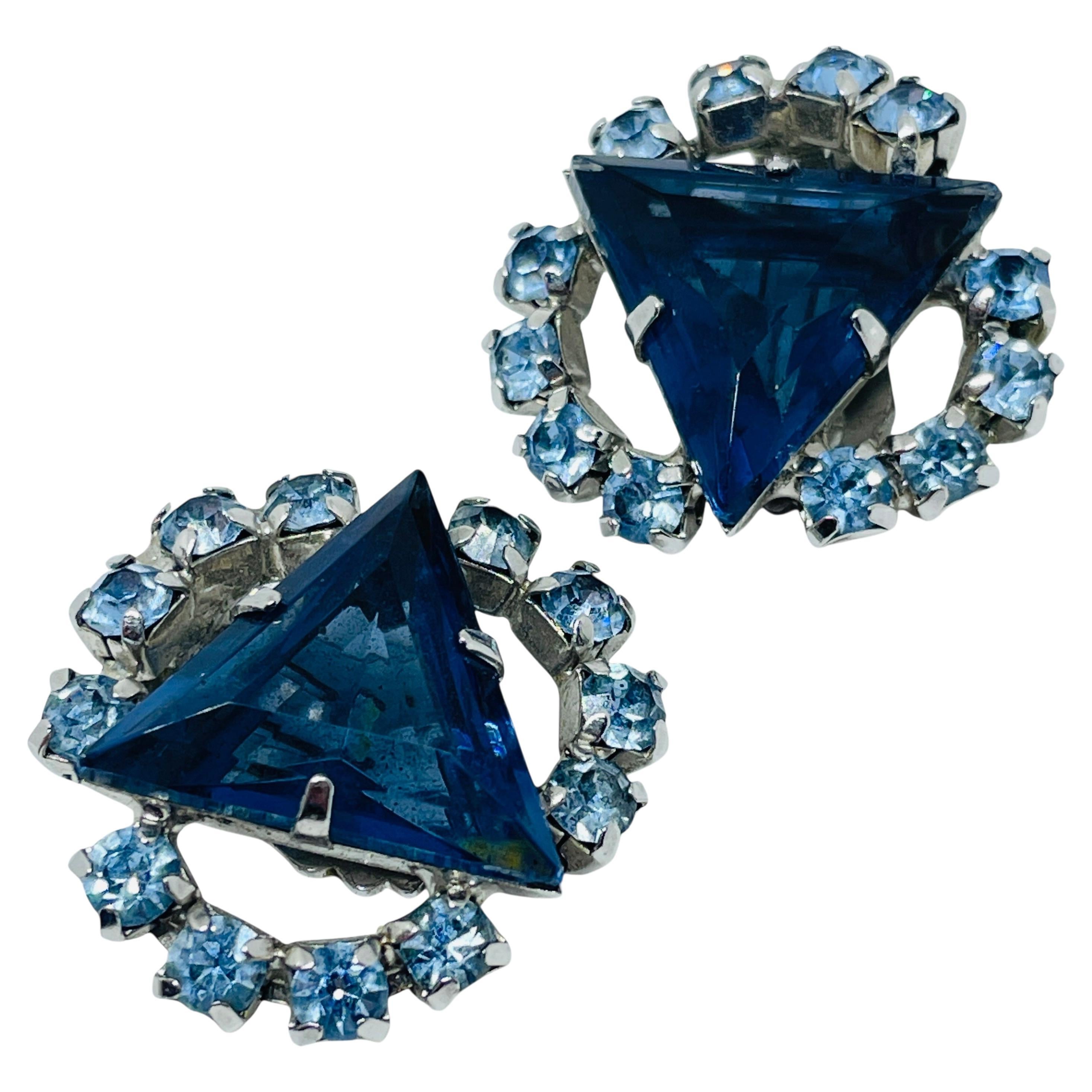 Vintage silver tone sapphire blue glass clip on earrings