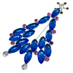 Vintage silver tone sapphire blue pink glass Christmas tree designer brooch
