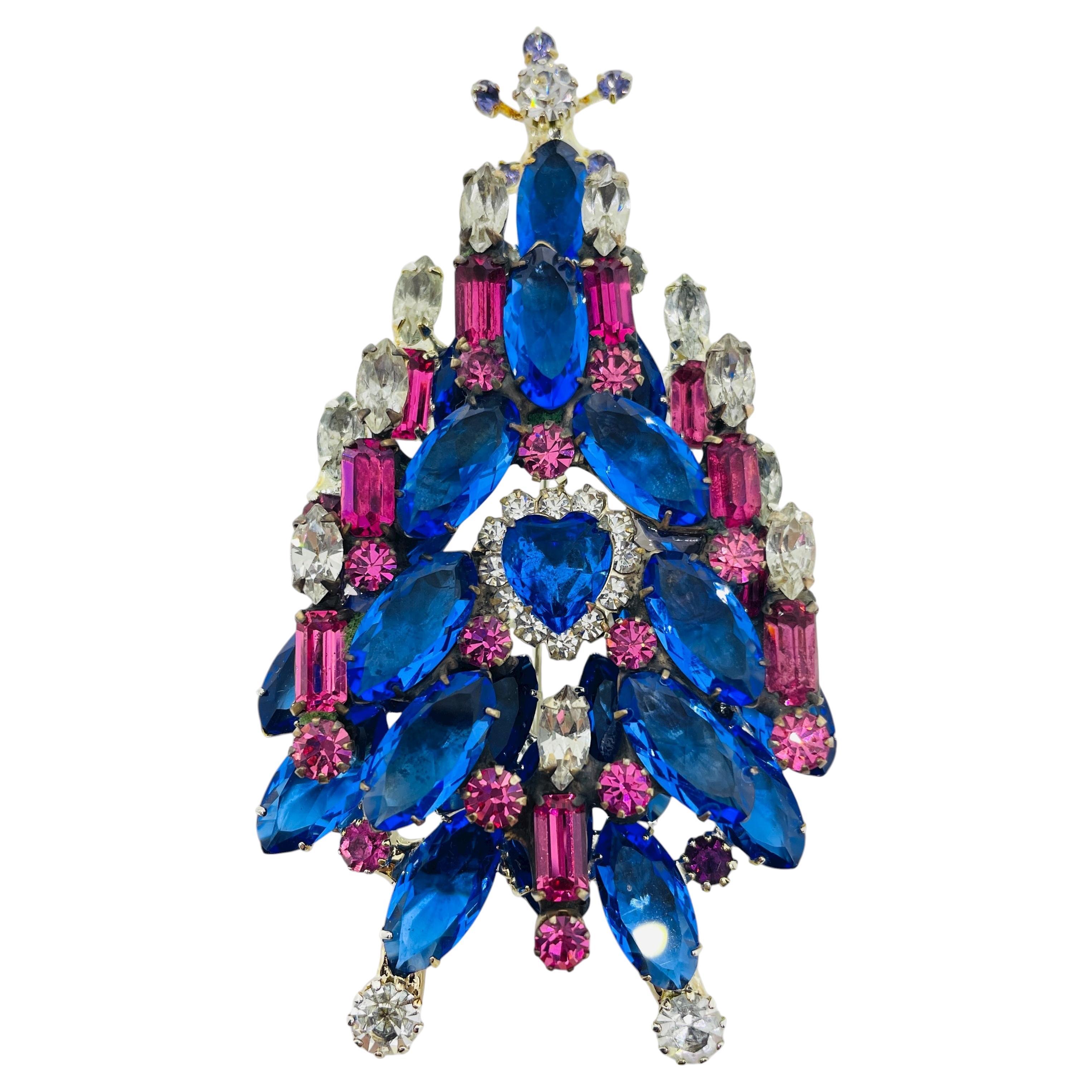 Vintage Silber Ton Saphir blau rosa Glas Weihnachtsbaum Designer Brosche