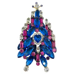 Vintage silver tone sapphire blue pink glass Christmas tree designer brooch