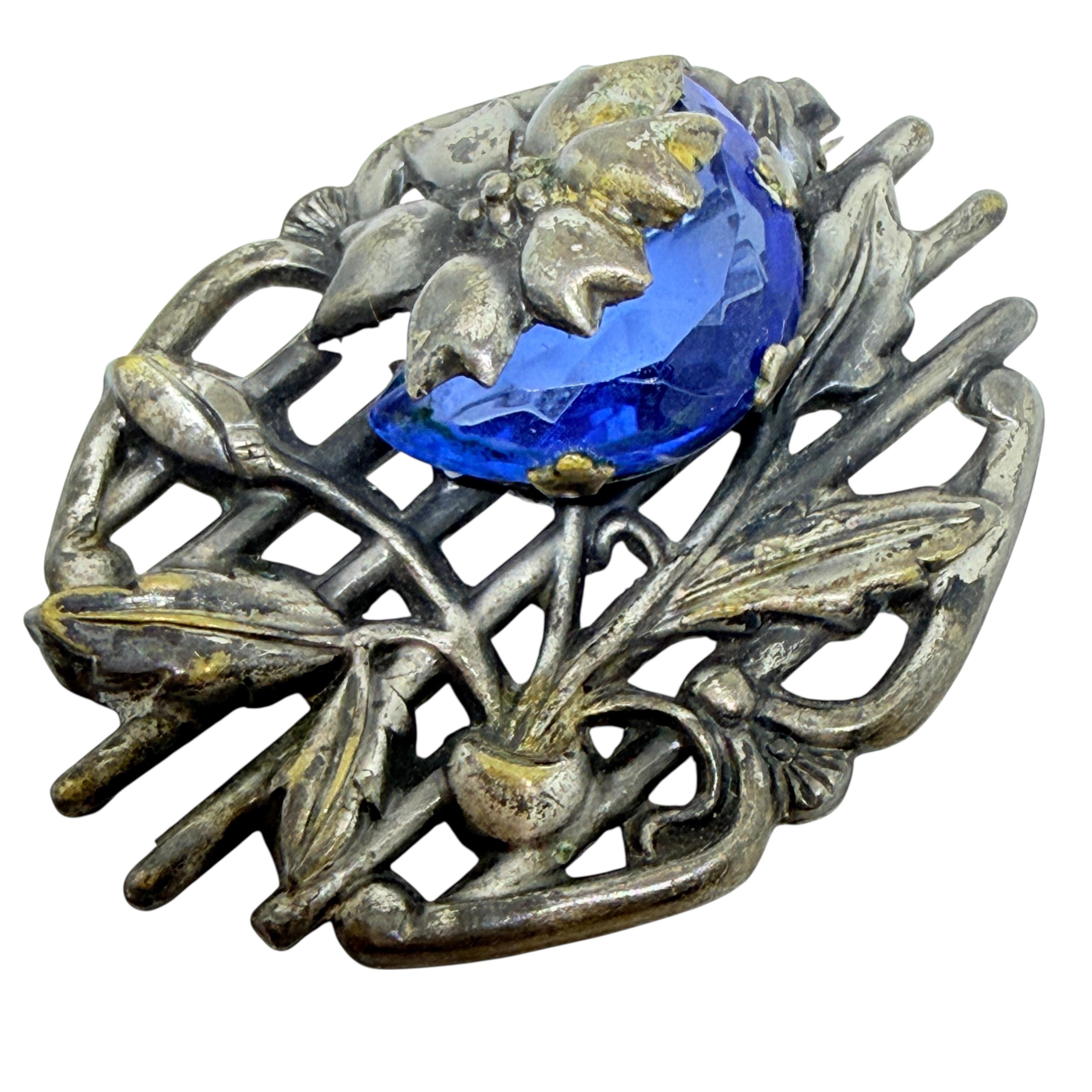 Spilla vintage in vetro zaffiro argentato di design