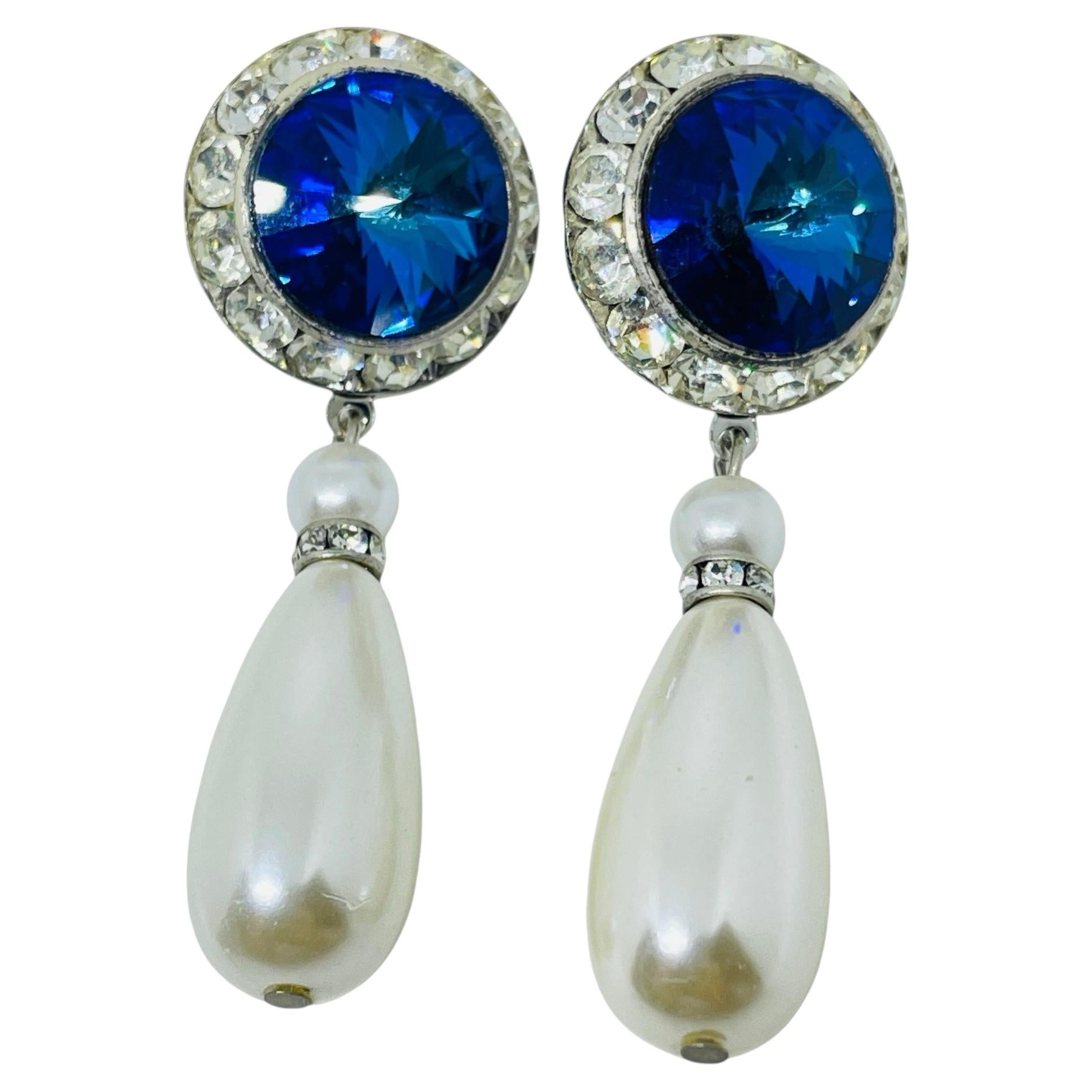 Vintage silver tone sapphire glass rhinestones dangle pearl designer earrings