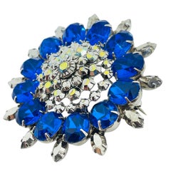 Vintage silver tone sapphire glass stones designer brooch