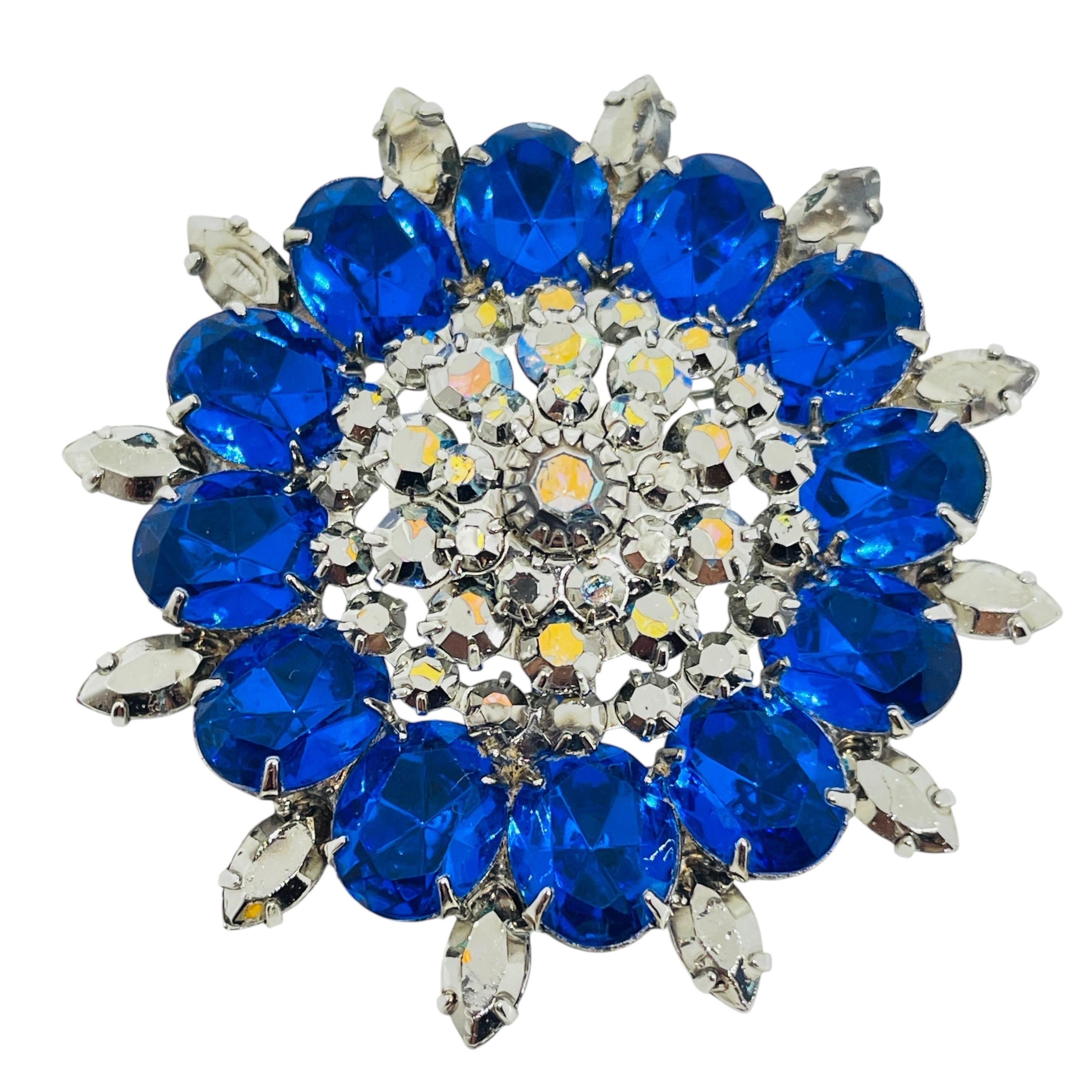 Vintage silver tone sapphire glass stones designer brooch