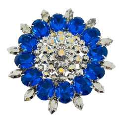 Vintage silver tone sapphire glass stones designer brooch