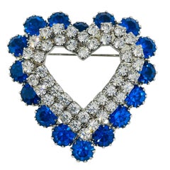 Vintage silver tone sapphire glass stones heart designer brooch Vintage silver tone sapphire glass stones heart designer brooch