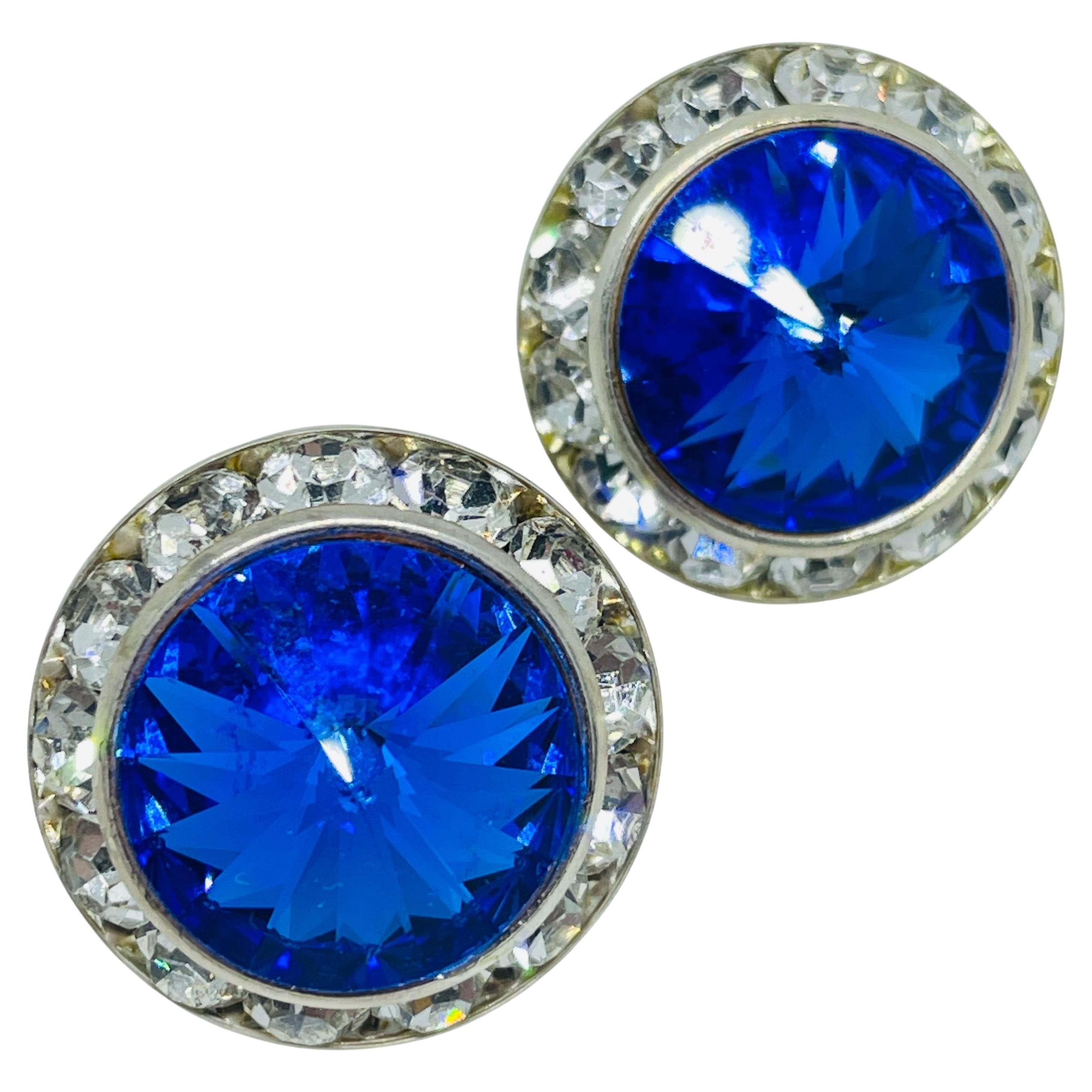 Vintage Silber Ton Saphir Rivoli Glas Strass Designer Post-Ohrringe im Angebot