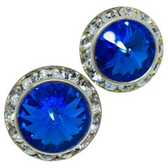 Vintage silver tone sapphire rivoli glass rhinestones designer post earrings
