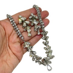 Vintage silver tone teardrop rhinestones designer necklace earrings set