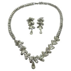 Vintage silver tone teardrop rhinestones designer necklace earrings set