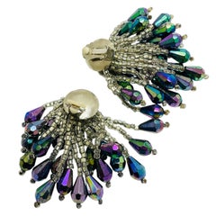 Vintage silver tone waterfall beaded designer clip on earrings