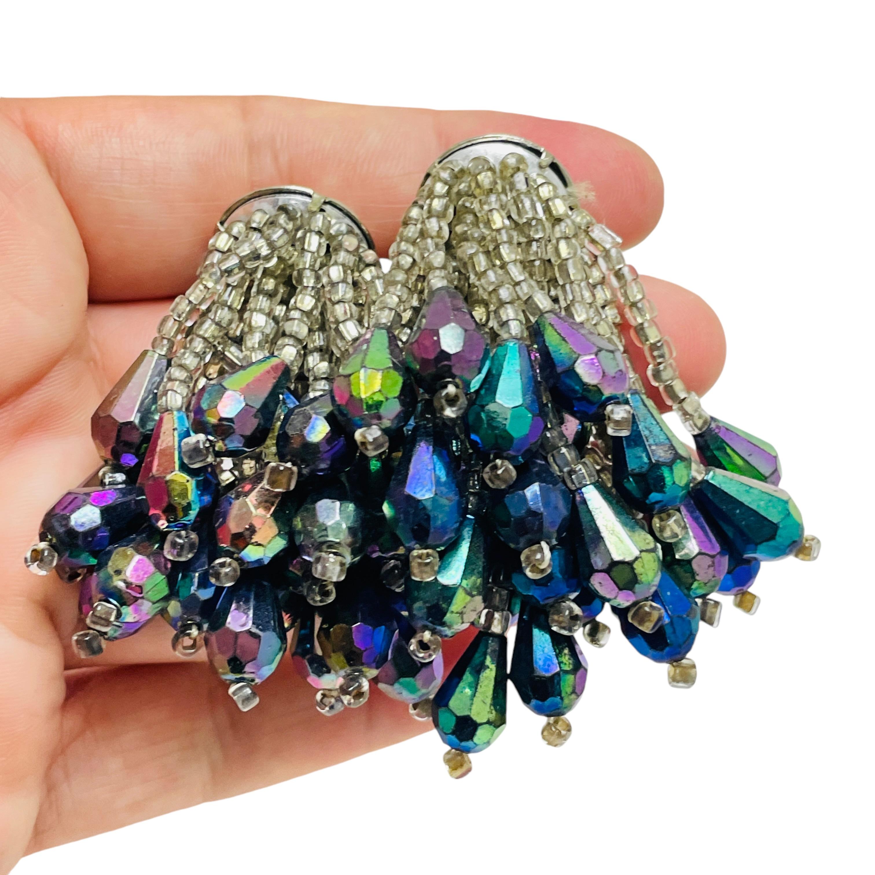 Women's Vintage silver tone waterfall beaded designer clip on earrings For Sale