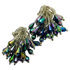 Vintage silver tone waterfall beaded designer clip on earrings
