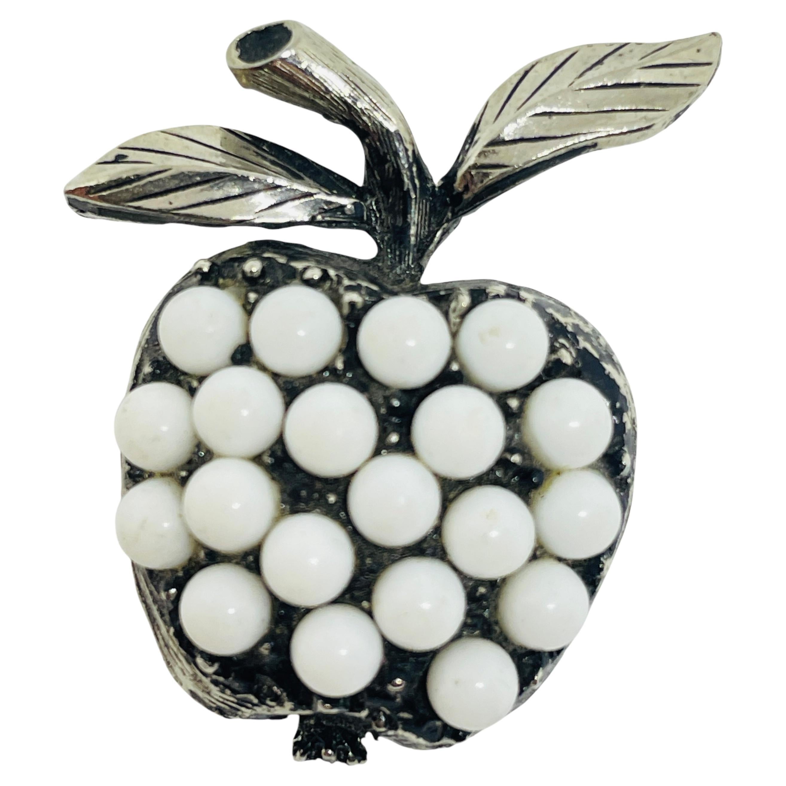 Vintage silver tone white lucite apple brooch