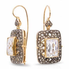 Vintage-Ohrringe aus 14-karätigem Gold mit Quarz und Diamanten im Rosenschliff, mit Silberverzierung