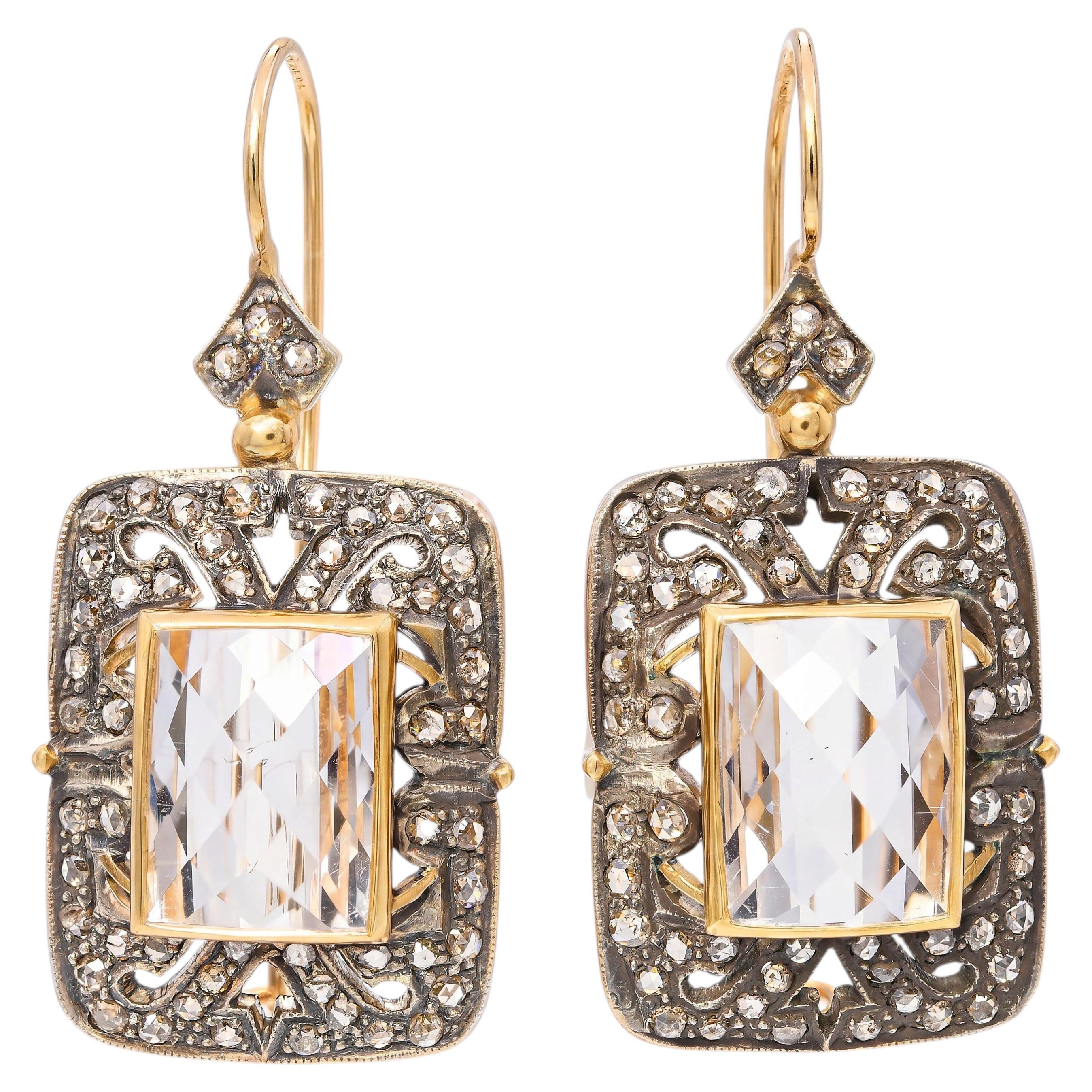 Boucles d'oreilles vintage en or 14 carats avec quartz et diamants taille rose, rehaussées d'argent